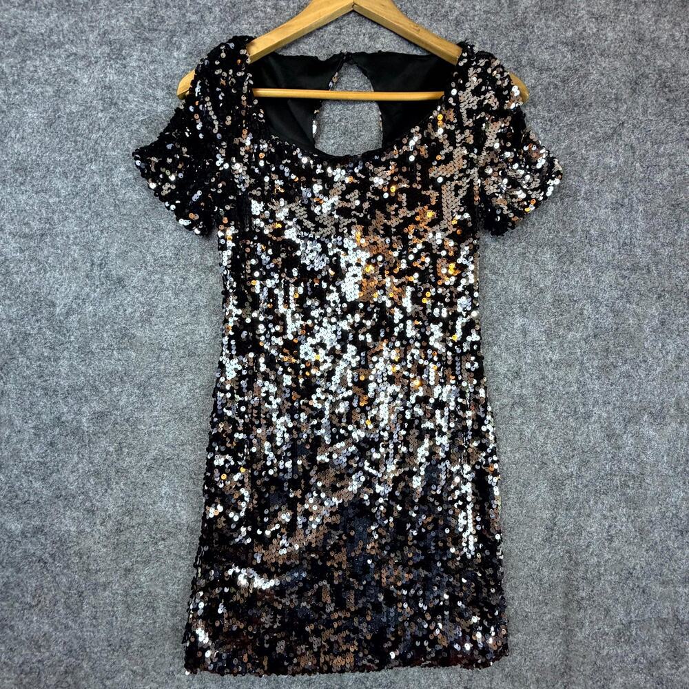 Profile Bling Sequin Mini Dress Womens Small Black Clubwear NYE Glam Sparkle